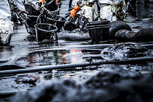 Workers cleaning up oil spill on beach