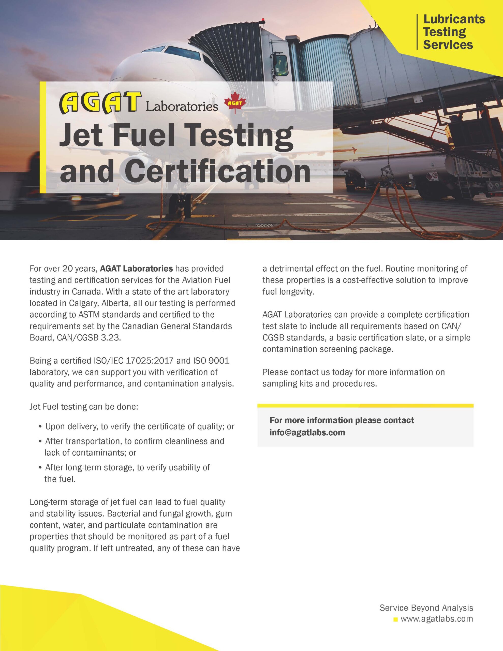 jet fuel testing and certification flyer from agat laboratories a canadian company