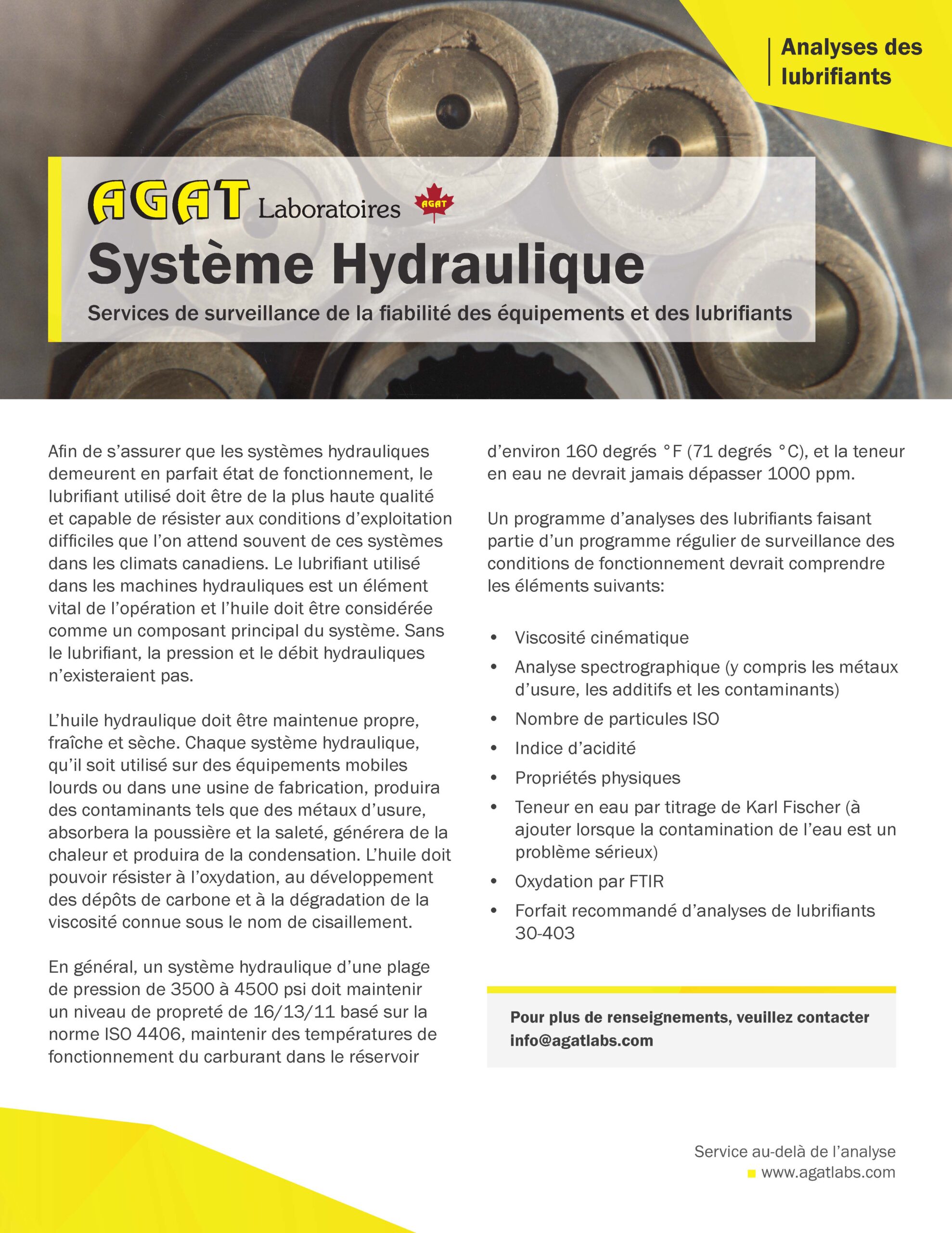 hydraulic system brochure agat laboratories a canadian company equipment reliability and lubricants testing services
