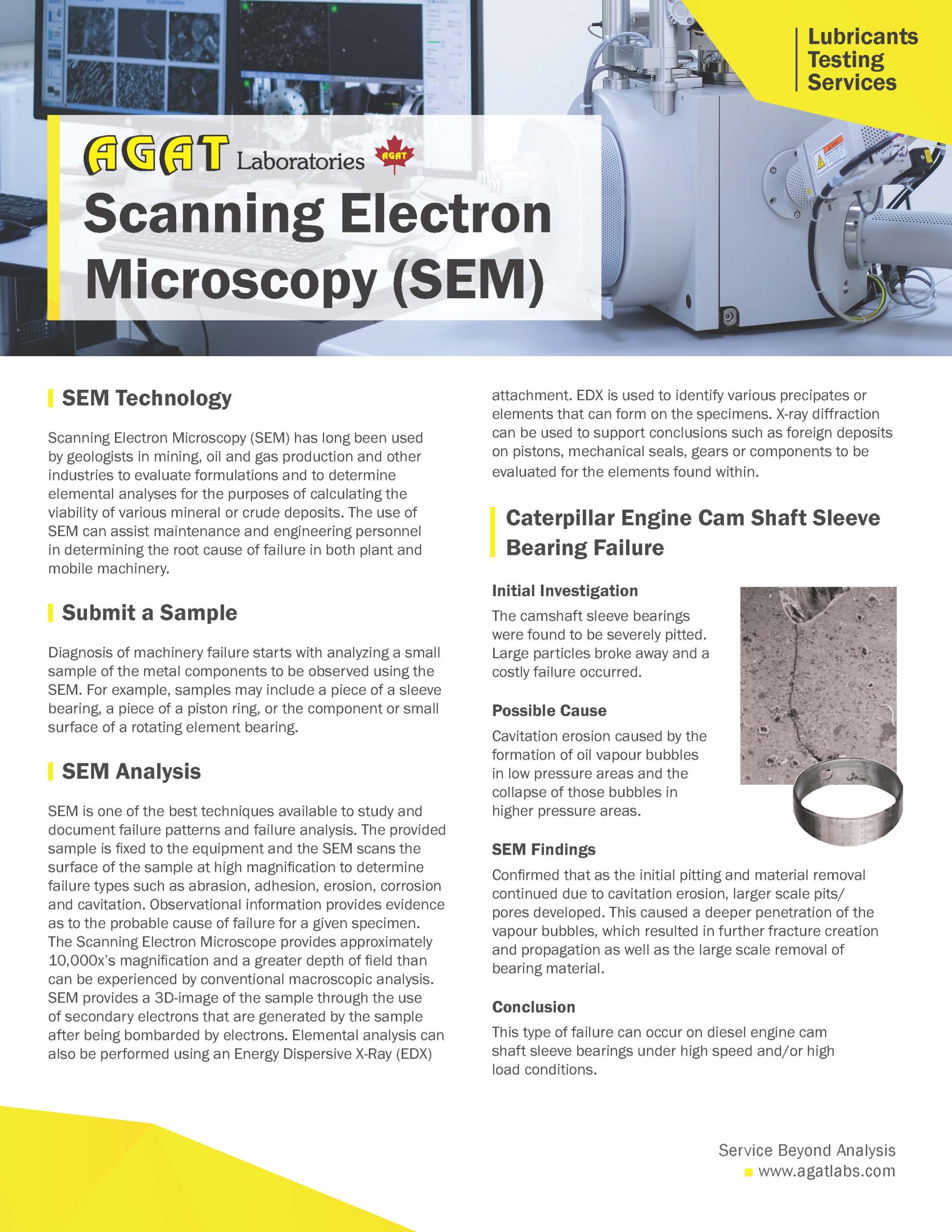 scanning electron microscopy SEM brochure from agat laboratories a canadian company as part of the lubricants testing services