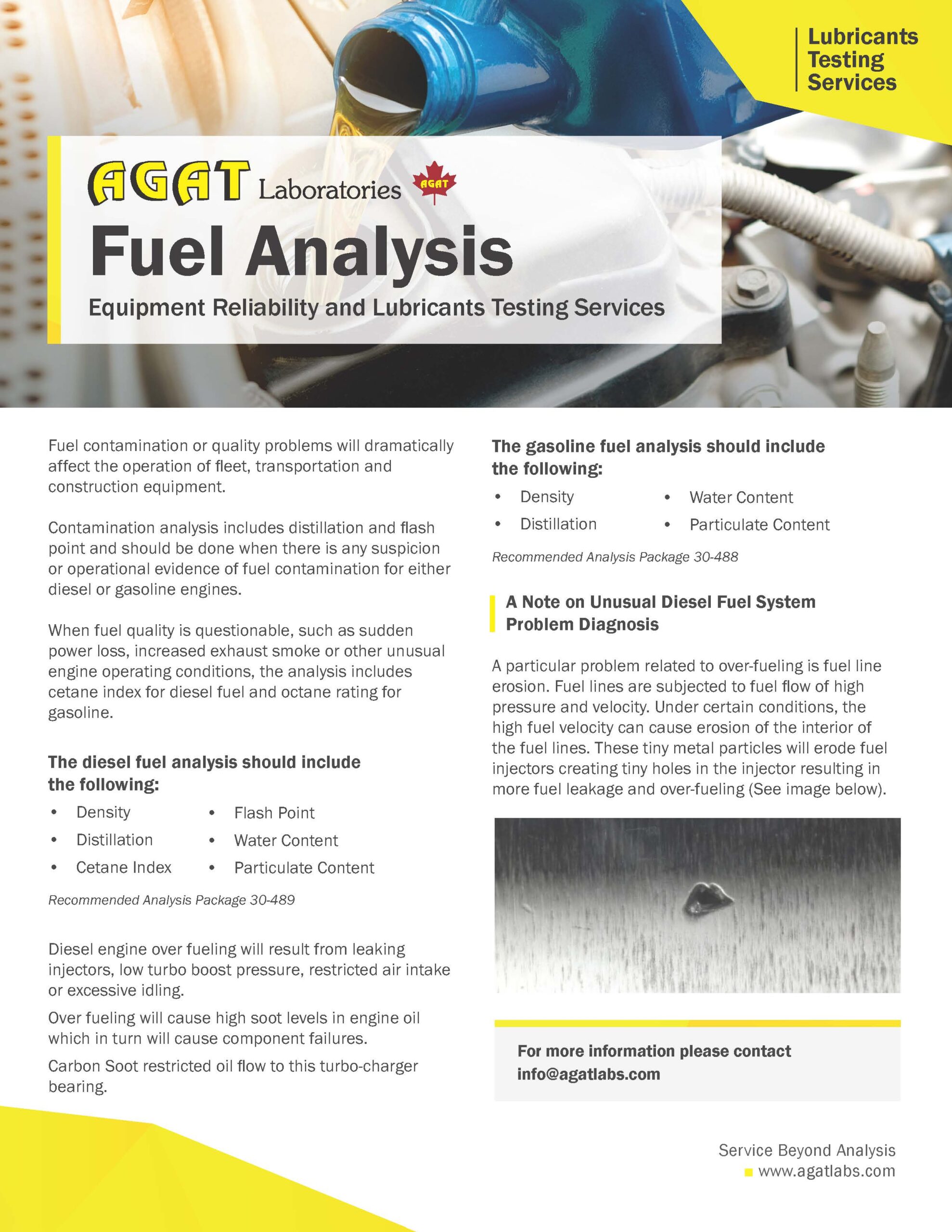 fuel analysis equipment reliability and lubricants testing services brochure from agat laboratories a canadian company