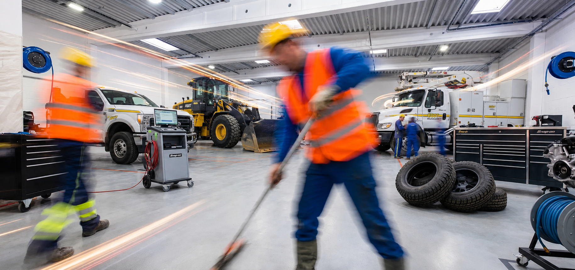Técnicos automotrices trabajando rápidamente en un taller de servicio ocupado con vehículos y equipos de diagnóstico.