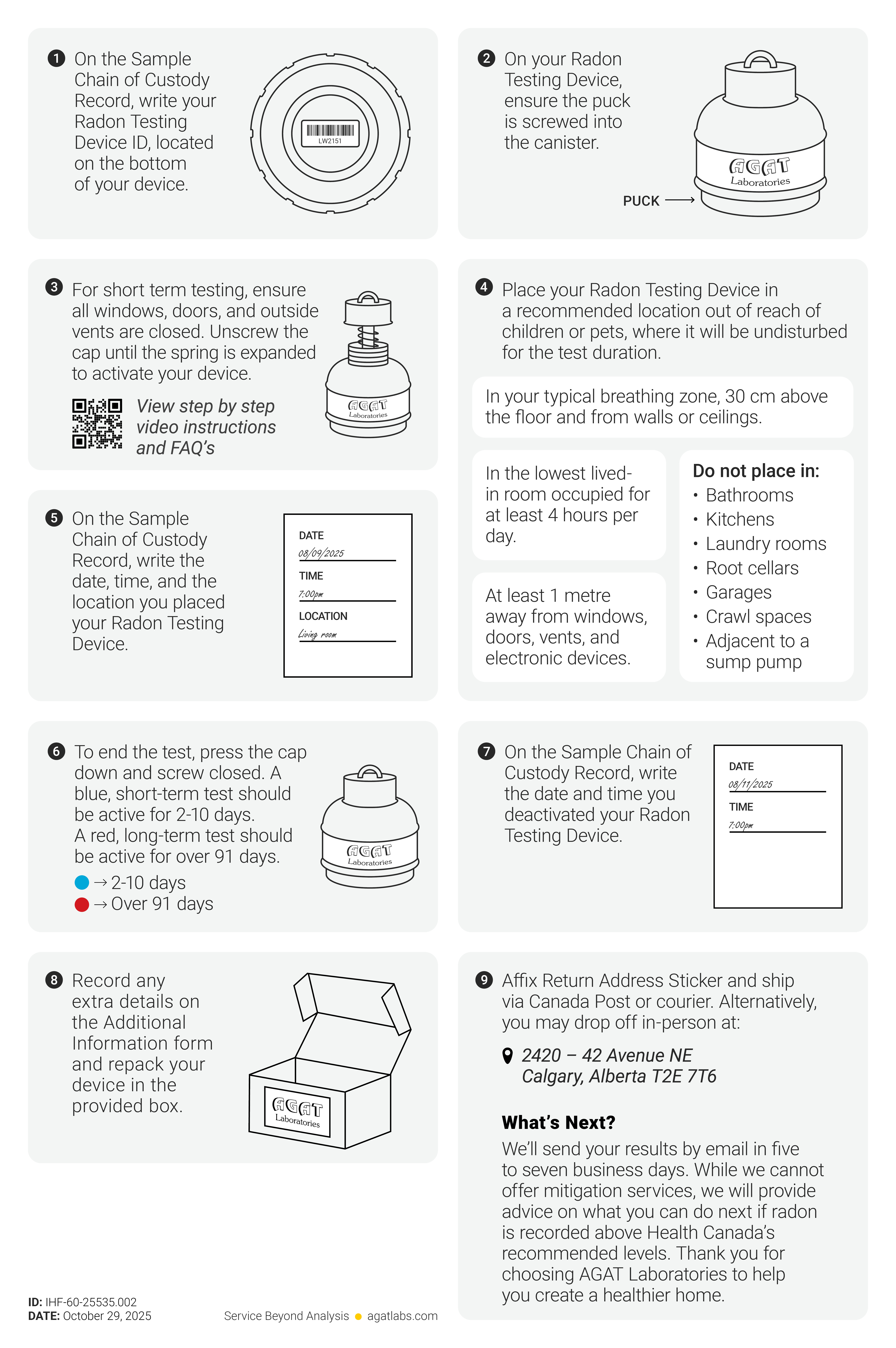 Instructions for a short-term Radon Testing Device.