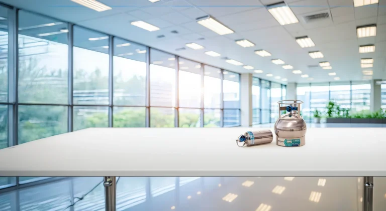 Des bidons complets en acier inoxydable pour l'échantillonnage de l'air, exposés sur une table de laboratoire, illustrent les services de tests de qualité de l'air développés par AGAT Laboratories à Calgary.