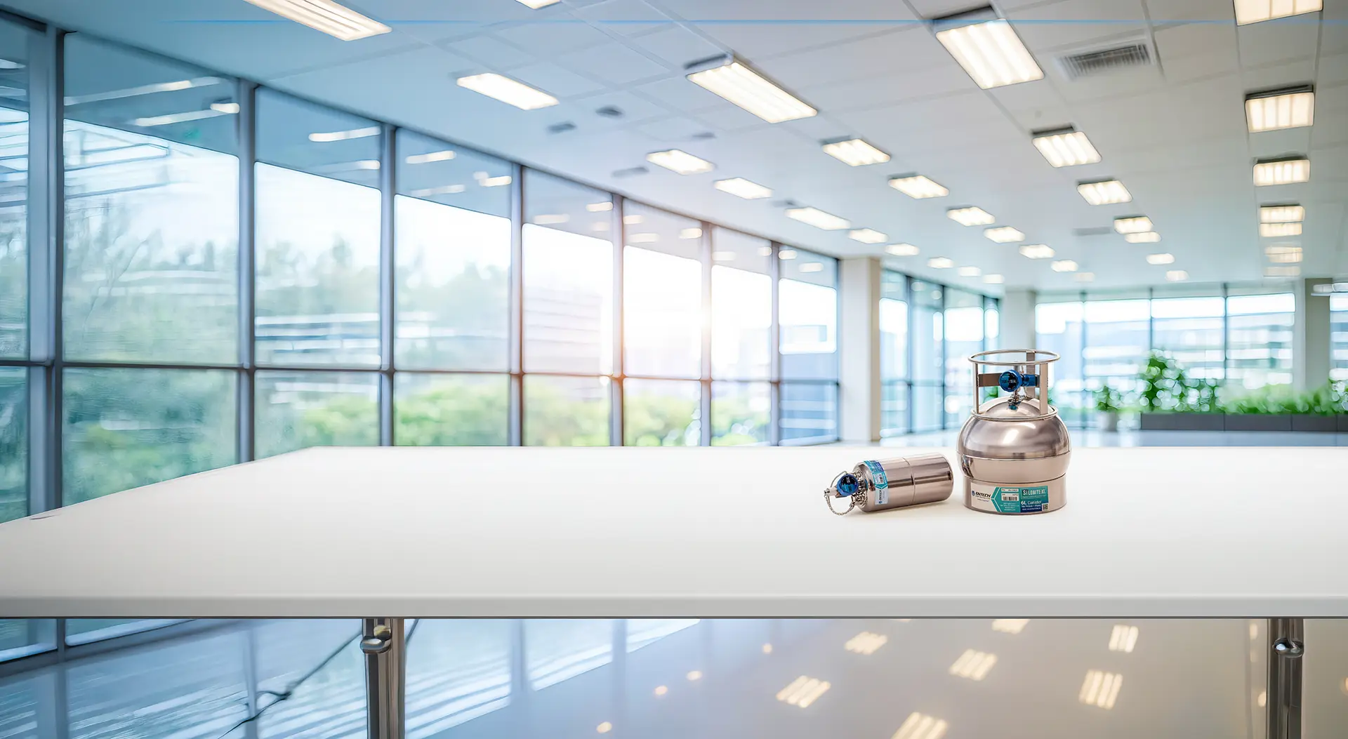 Stainless steel whole air sampling canisters displayed on a laboratory table, representing AGAT Laboratories' expanded air quality testing services in Calgary.