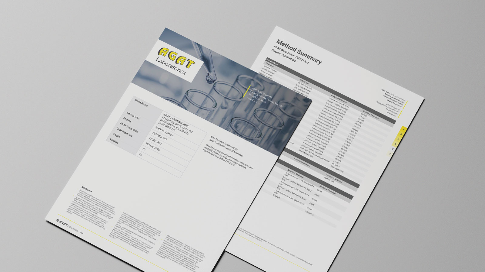 AGAT Laboratories rediseñó el informe analítico mostrando la portada del informe y la página de Resumen de Métodos