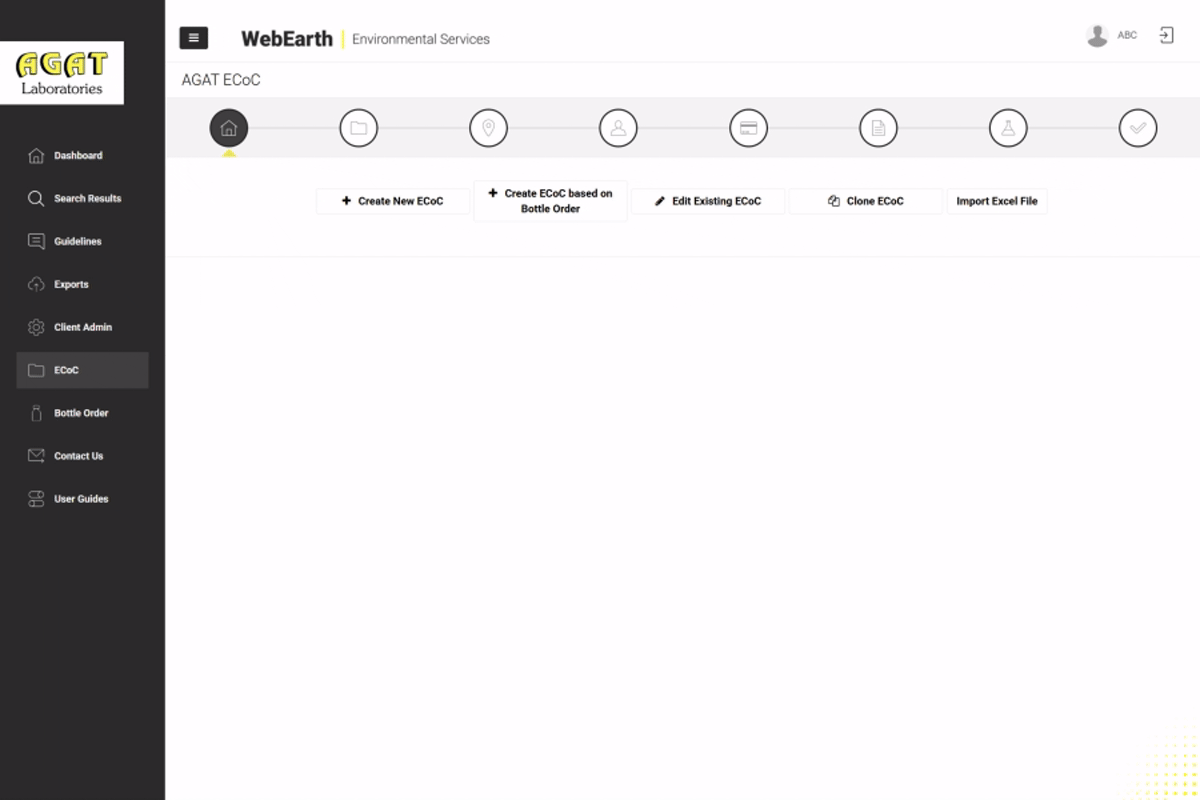 Interfaz de integración AGAT WebEARTH de Cadena de Custodia Electrónica (ECoC) que muestra el flujo de trabajo de envío de muestras digitales