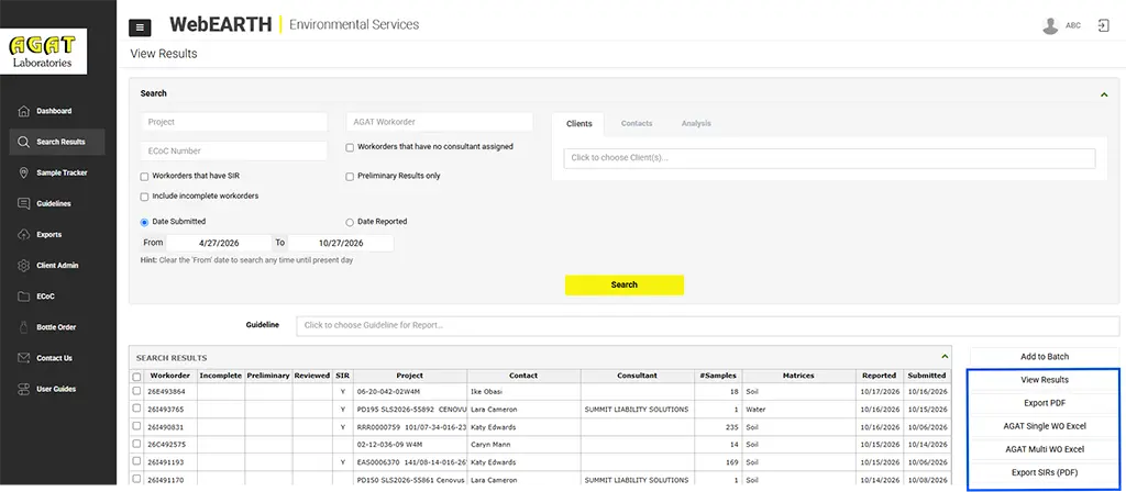 WebEARTH View Results interface showing laboratory sample records and options for exporting results to PDF and spreadsheet formats.