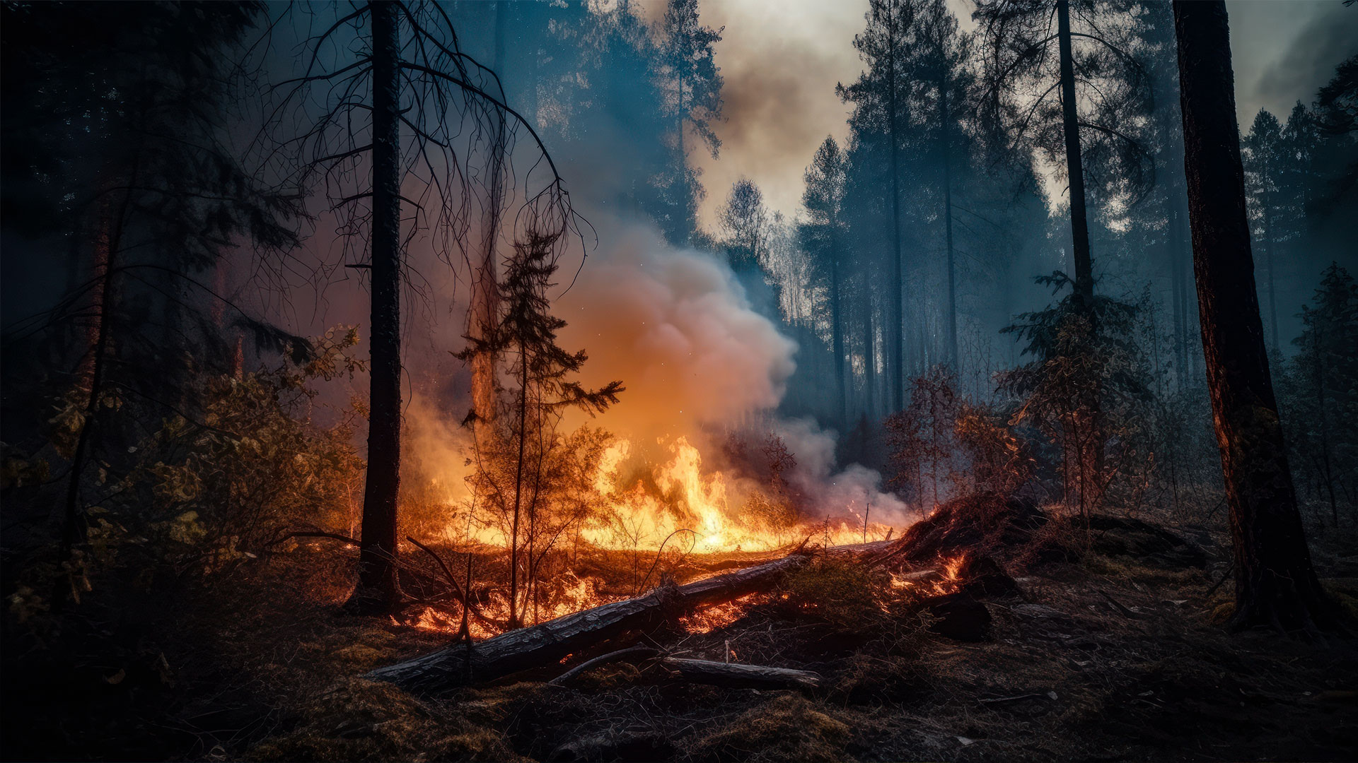 Une épaisse fumée s'élève d'un incendie de forêt, obscurcissant partiellement les arbres en arrière-plan.