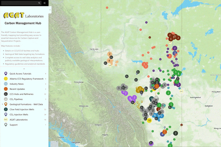Mapa interactivo que muestra datos geológicos de pozos y formaciones en el Centro de Gestión de Carbono AGAT.