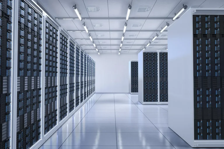 Server racks inside a modern data centre facility