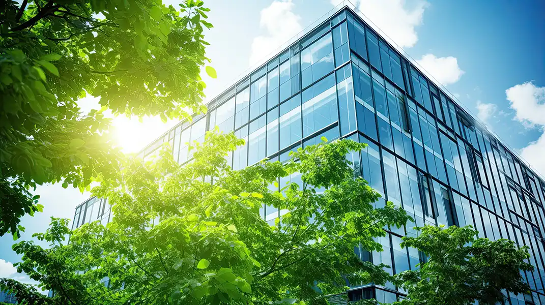 Bâtiment moderne entouré de verdure représentant des mises à jour continues de la plateforme et un soutien à long terme