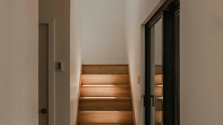 Interior stairs leading to a lower level, lit by natural light — symbolizing radon exposure in enclosed spaces