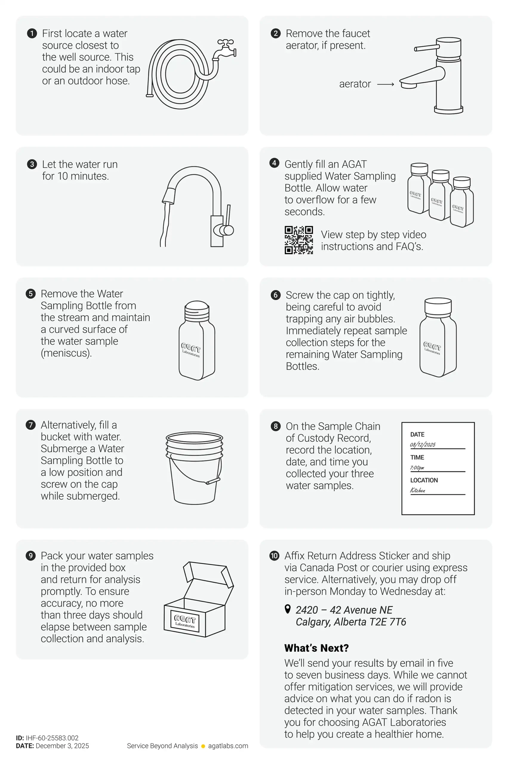 Instructions étape par étape pour l'utilisation du kit d'analyse du radon dans l'eau des Laboratoires AGAT.