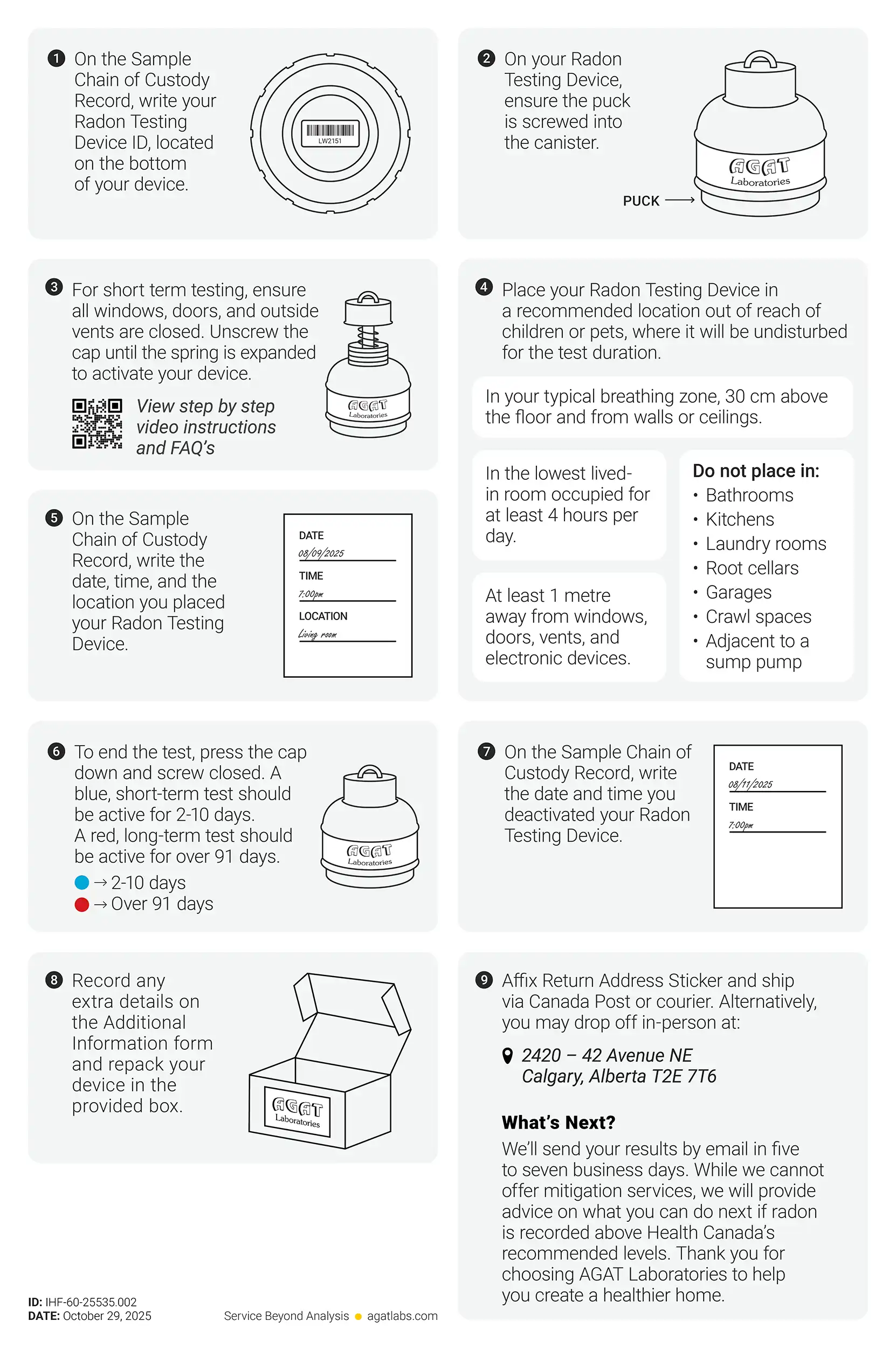 Instructions pour un appareil de mesure du radon à court terme.