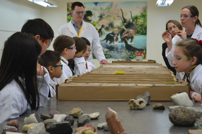 Grade 3 students from Webber Academy examine rock and mineral samples during a tour of AGAT Laboratories in Calgary.